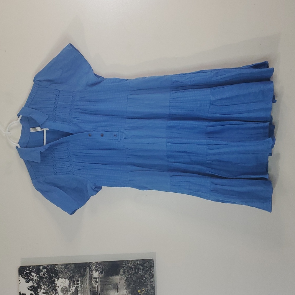 Anthropologie Tiered Mini Dress Size Medium Blue Lined Cotton - Picture 2 of 15